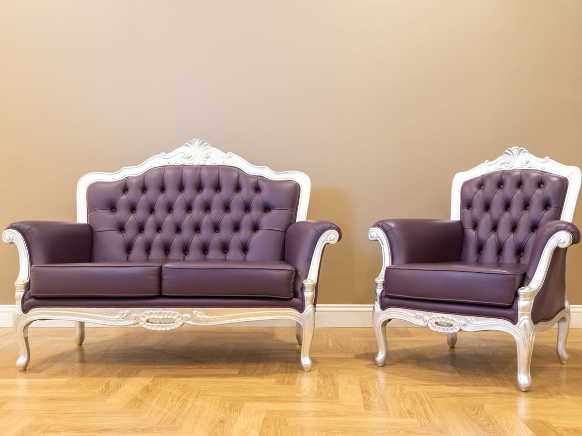 Silver-Leaf Carved Settee in Aubergine Leather — view 2